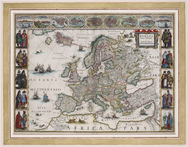 Old carte-à-figures map of Europe by Willem and Joan Blaeu