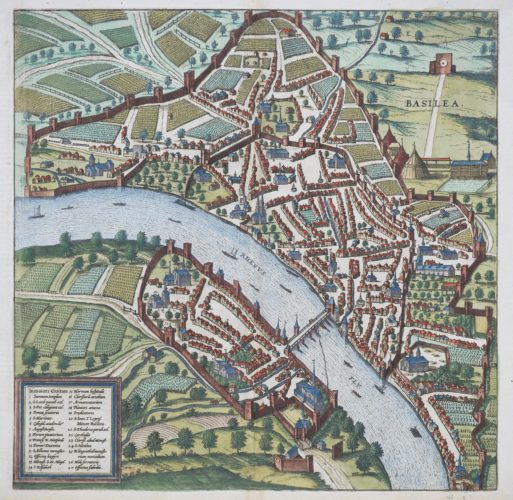 Old map of Basel (Bâle) by Braun and Hogenberg