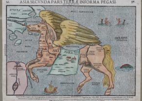 Old map of Asia in the form of Pegasus horse by Bünting