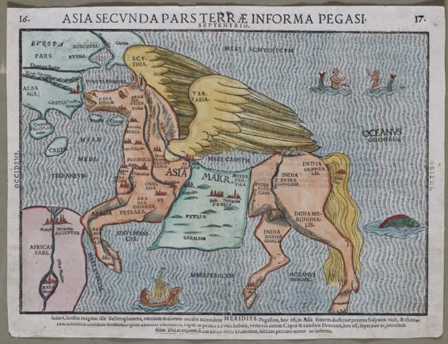 Old map of Asia in the form of Pegasus horse by Bünting