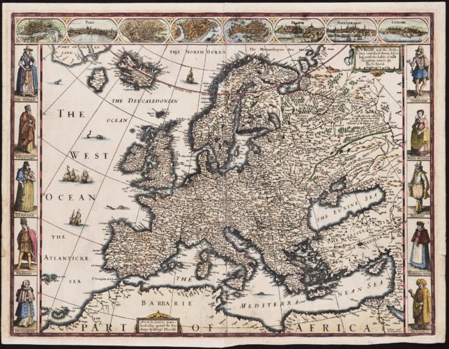 Old carte-à-figures map of Europe by John Speed