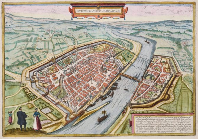 Old map of Frankfurt by Braun and Hogenberg (Civitates Orbis Terrarum)