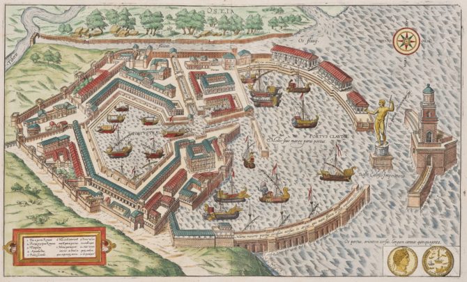 Old map of ancient Portus (Ostia), Rome's harbor by Braun and Hogenberg (Civitates Orbis Terrarum)