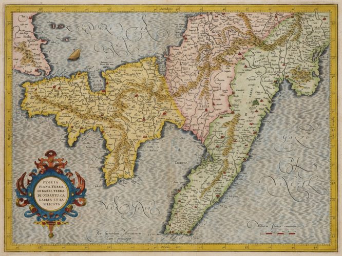 Old map of South Italy by Mercator, published by Hondius in 1619