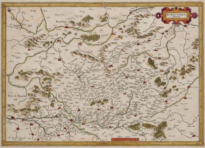 Old map of Burgundy (Bourgogne, made by Mercator and published by Hondius