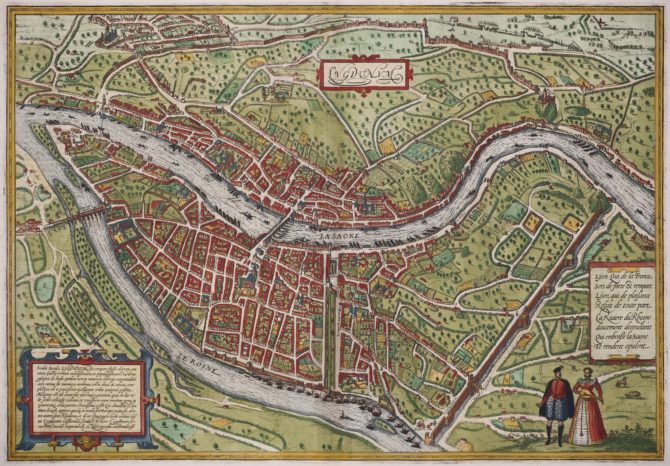 Old map of Lyon by Braun and Hogenberg, 1572