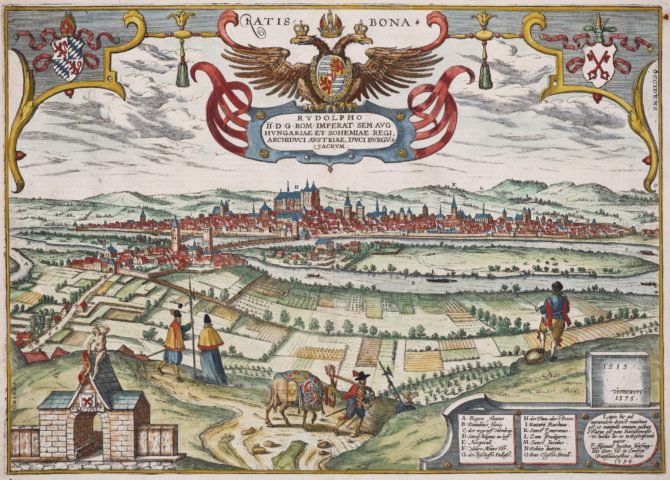 Old map Regensburg by Braun and Hogenberg,