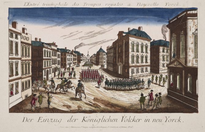 Optica print: entry of British troops in New York by Chereau