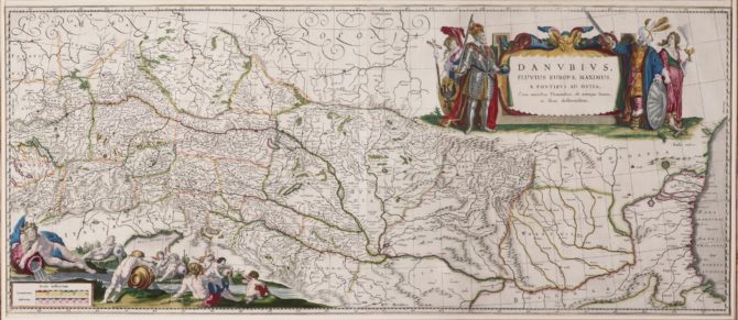 Old double folio map of the Danube River by Willem and Joan Blaeu