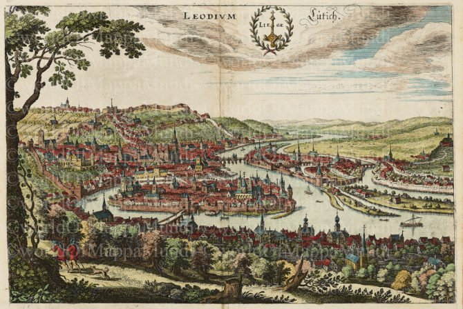 Old view of Liège by Matthias Merian, ca. 1650