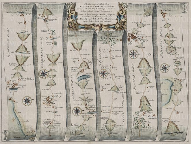 Old hiking map from Abingdon to St Davis (Wales), 1676