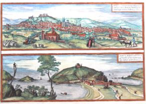 Old map of Burgos and San Sebastian by Braun and Hogenberg, 1574