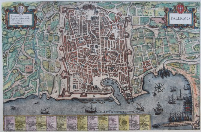 Old map of Palermo by Braun and Hogenberg, 1588, Civitates Orbis Terrarum