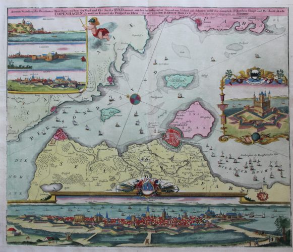 Old map of Copenhagen, Denmark, Oresund by Homann, ca. 1720