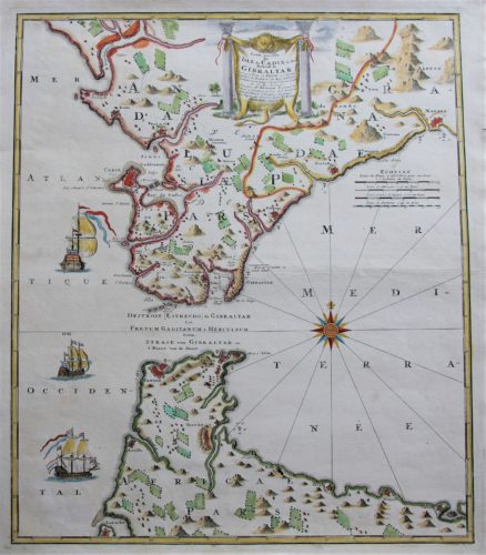 Old map of the Strait of Gibraltar by Homann Heirs (Weidler) after Petit, 1757