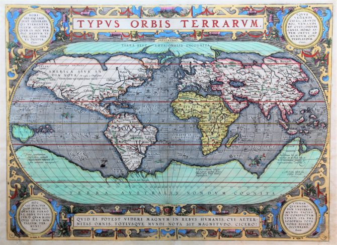 World map (Typus Orbis Terrarum) by Abraham Ortelius (Theatrum Orbis Terrarum