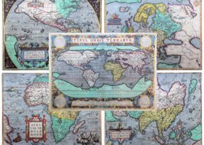 Old antique maps of the world and the five continents by Abraham Ortelius (Theatrum Orbis Terrarum)