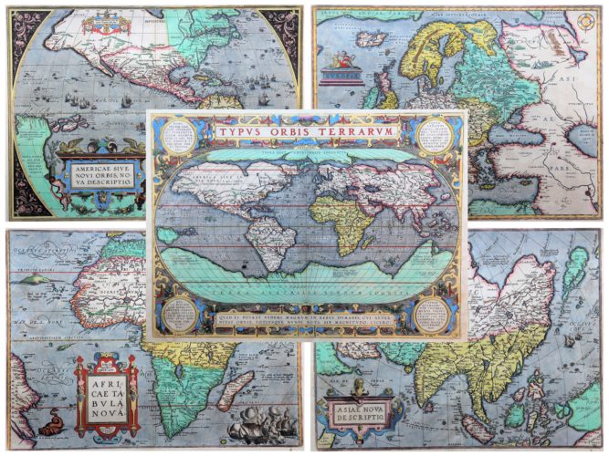 Old antique maps of the world and the five continents by Abraham Ortelius (Theatrum Orbis Terrarum)