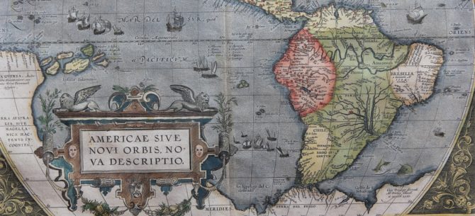 Old map of The Americas (Americae sive novi Orbis nova descriptio) (South America) by Ortelius 1595