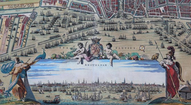 Old map of Amsterdam (frog view of the city) by N. Visscher, ca. 1695