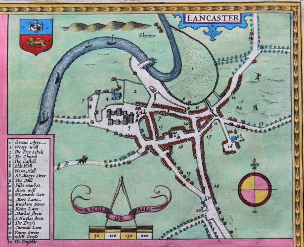 Old map of Lancastershire (city of Lancaster) by John Speed, 1610