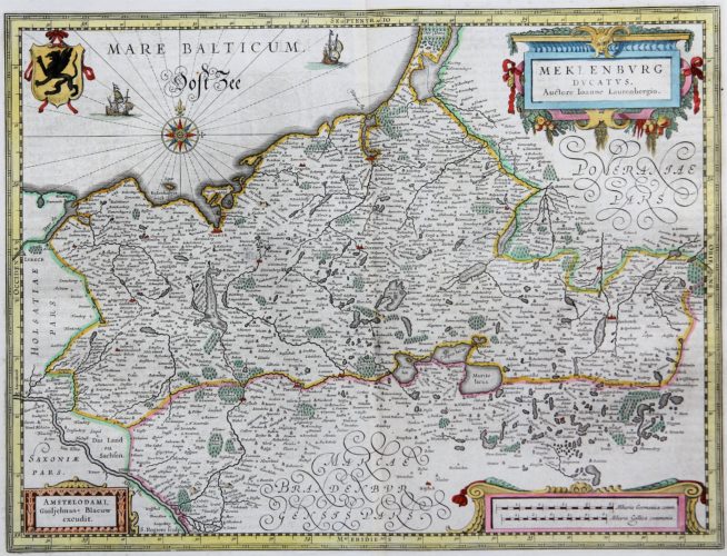 Old map of the Duchy of Mecklenburg, published by Willem and Joan Blaeu, 1635