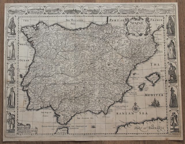 Old carte-à-figures map of Spain by John Speed, 162