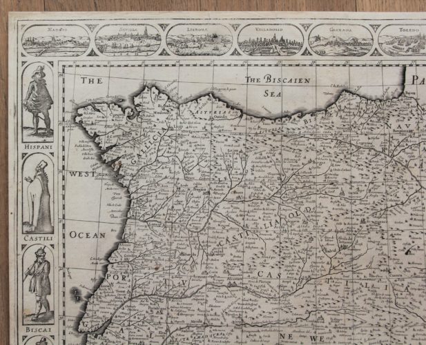 Old carte-à-figures map of Spain (top left corner) by John Speed, 1626