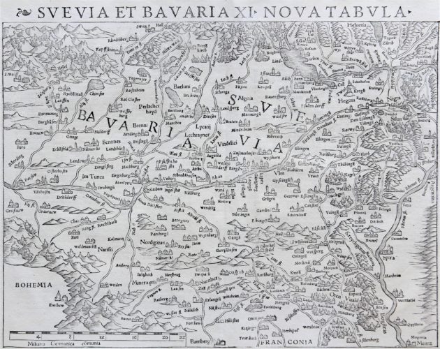 Upper Danube and Upper Rhine - Suevia et Bavaria XI Nova Tabula by Sebstian Münster, 1540