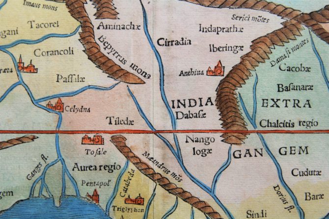 Old map of Southeast Asia (Tabula Asiae XI), detail, by Münster