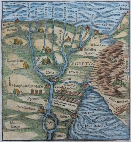 Old woodcut map of Egypt by Sebastian Münster, 1558 (Cosmographia)