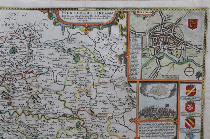 Old map of Herefordshire (detail of city) by John Speed, 1676