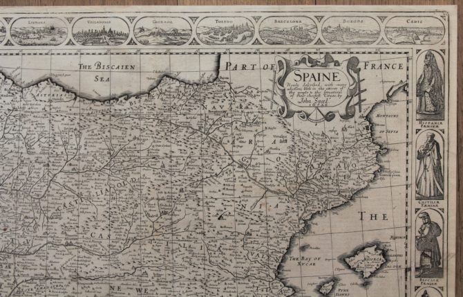Old carte-à-figures map of Spain (top right corner) by John Speed, 1626