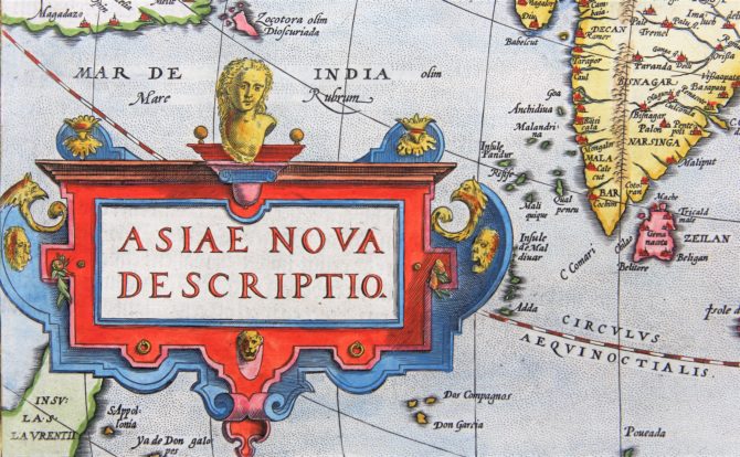 Old 16th century map of Asia (cartouche) by Ortelius, published in hs Theatrum Orbis Terrarum in 1598 (Dutch edition)