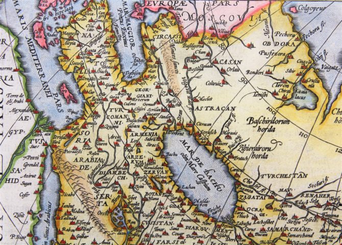 Old 16th century map of Asia (detail of the Caspian Sea) by Ortelius, published in his Theatrum Orbis Terrarum in 1598 (Dutch edition)