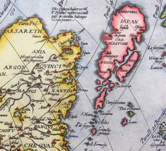 Old 16th century map of Asia (detail of Japan) by Ortelius, published in his Theatrum Orbis Terrarum in 1598 (Dutch edition)