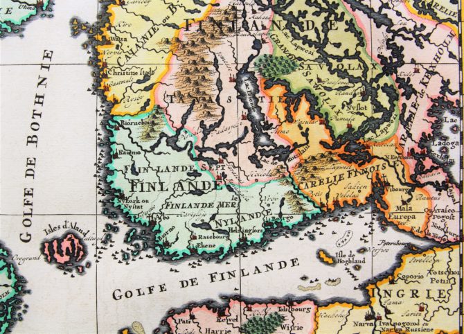 Old map of Scandinavia and the Baltics (details Finland) by Henri Chatelain, 1719, Atlas Historique