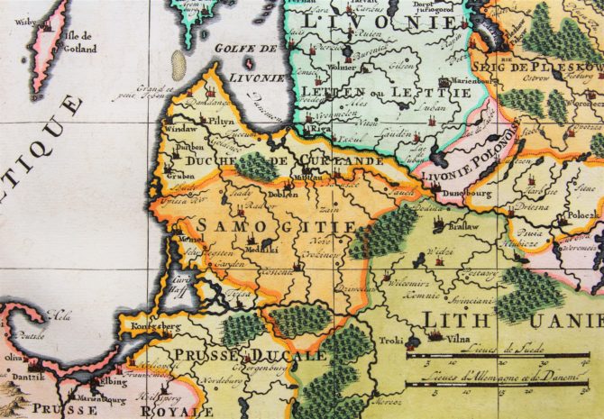 Old map of Scandinavia and the Baltics (detail Baltics) by Henri Chatelain, 1719, Atlas Historique