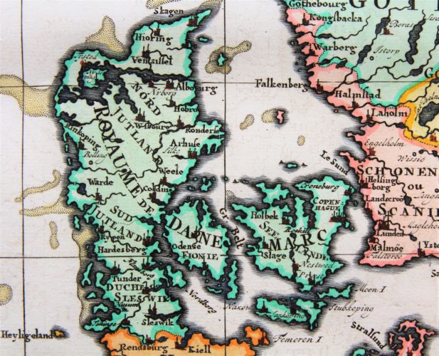 Old map of Scandinavia and the Baltics (detail Denmark) by Henri Chatelain, 1719, Atlas Historique