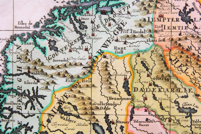 Old map of Scandinavia and the Baltics (detail Norway) by Henri Chatelain, 1719, Atlas Historique
