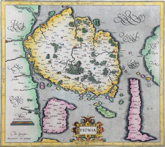 Old map of Fyn (Funen, Denmark) made by Mercator, published by Jodocus Hondius