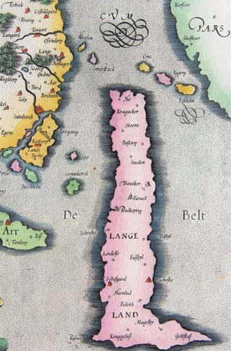 Old map of Fyn (Funen, Denmark) (detail of Lange Land) made by Mercator, published by Jodocus Hondius