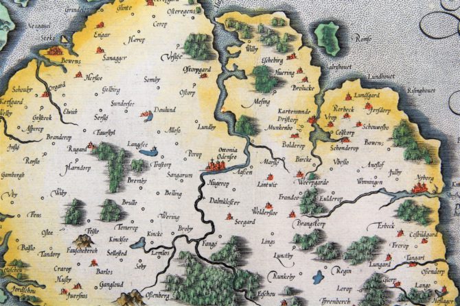 Old map of Fyn (Funen, Denmark) (detail of the island with Odense) made by Mercator, published by Jodocus Hondius