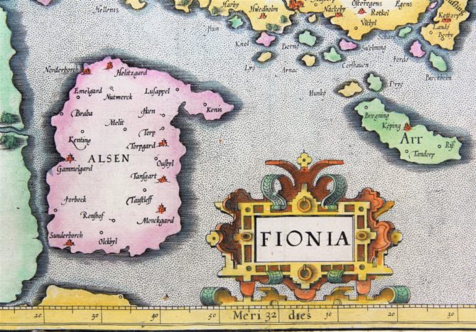 Old map of Fyn (Funen, Denmark) (detail of Alsen and Ait) made by Mercator, published by Jodocus Hondius