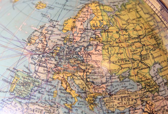 Old globe in Dutch (33 cm diameter) by Prof Dr A Krause, ca 1930 (detail Europe)
