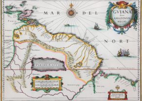 Old map of Guyana with Trinidad and Tobago, Suriname and the mouth of the Amazon River by Willem Blaeu (17th century)