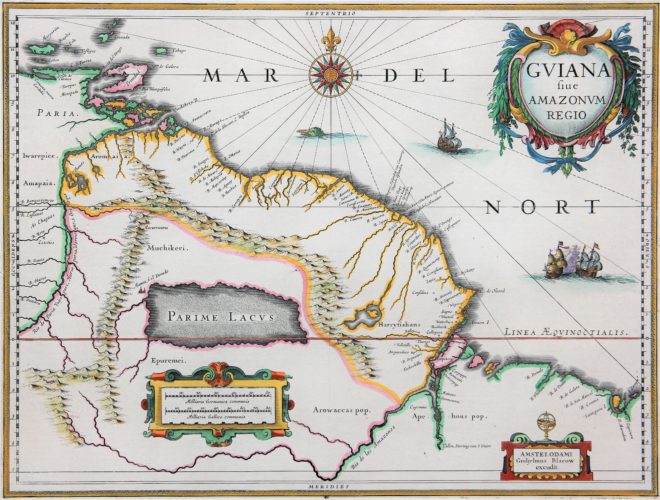 Old map of Guyana with Trinidad and Tobago, Suriname and the mouth of the Amazon River by Willem Blaeu (17th century)