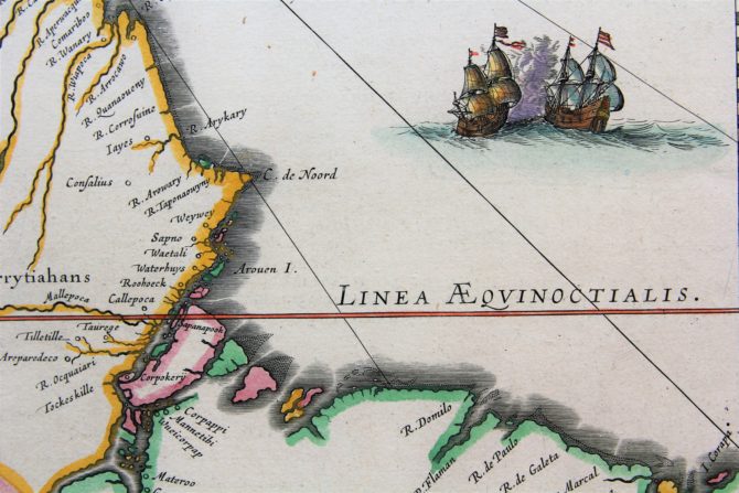 Old map of Guyana with Trinidad and Tobago, Suriname and the mouth of the Amazon River (detail) by Willem Blaeu (17th century)