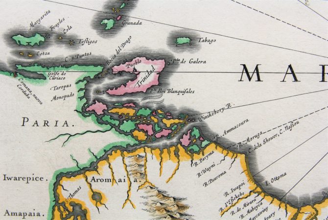 Old map of Guyana with Trinidad and Tobago, (detail) Suriname and the mouth of the Amazon River by Willem Blaeu (17th century)