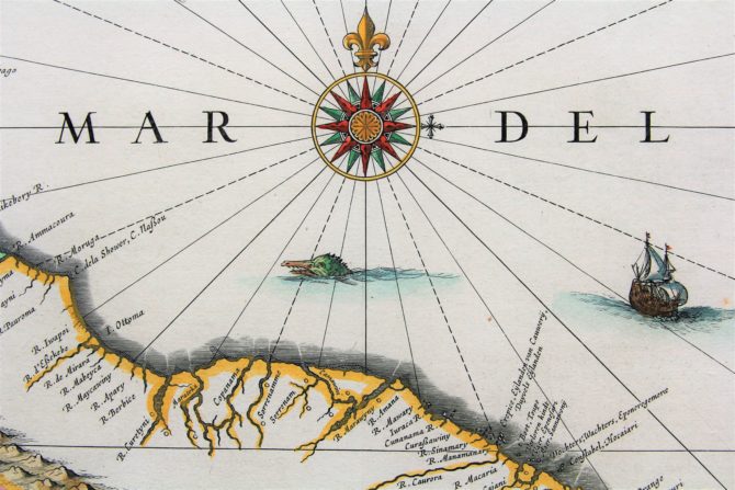 Old map of Guyana with Trinidad and Tobago, Suriname and the mouth of the Amazon River (coast line) by Willem Blaeu (17th century)